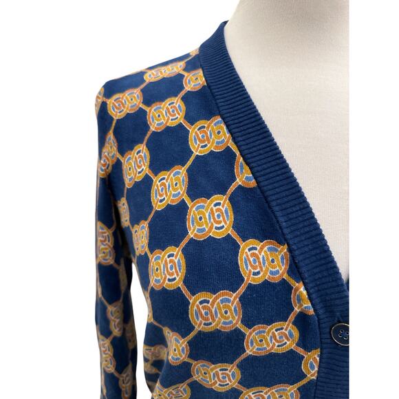 J McLaughlin Kristyn Cardigan XS Blue Heraldic Knot Print Button Front Sweater - Picture 8 of 11